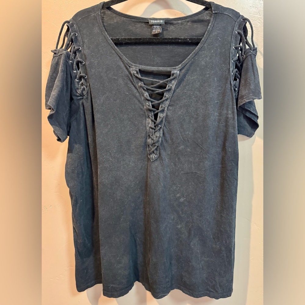 Torrid Black Lace up Front Short Sleeve Rocker T Shirt